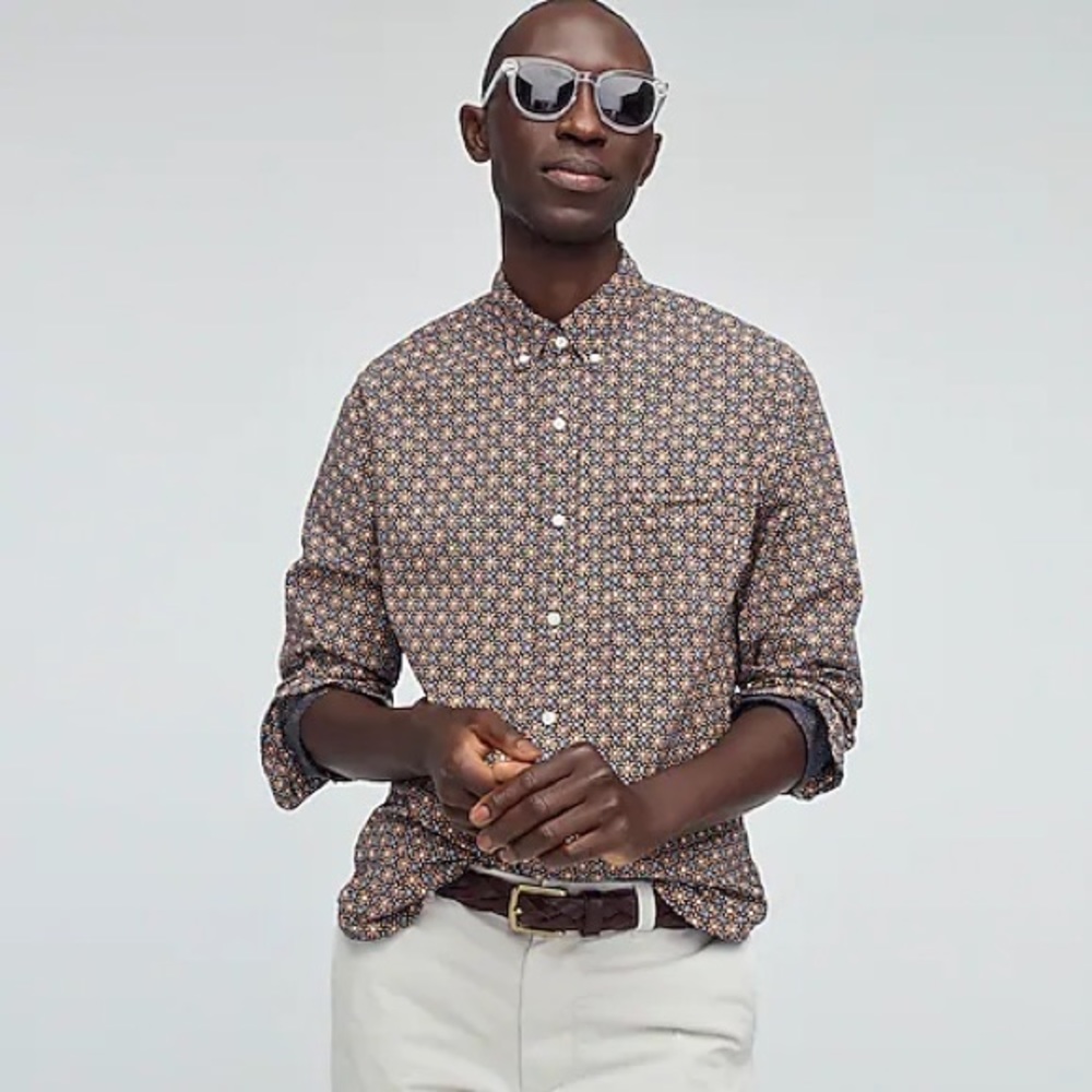 J. Crew Navy Blue Medallion Print 98% Organic Cotton Poplin Button Down Shirt